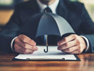 A person reviewing insurance documents at their kitchen table with a notepad and coffee mug nearby.