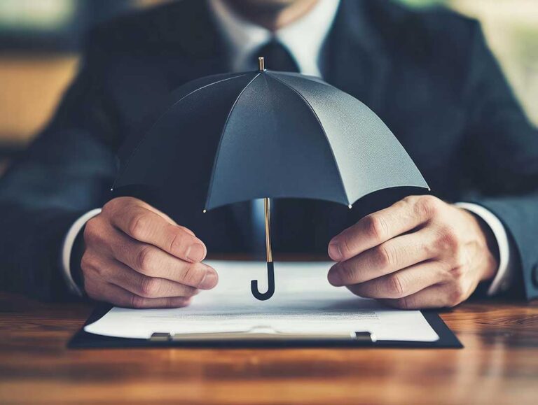 A person reviewing insurance documents at their kitchen table with a notepad and coffee mug nearby.