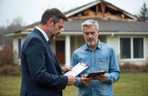 Residents review property insurance documents beside a camera, receipts, and a home inventory checklist.